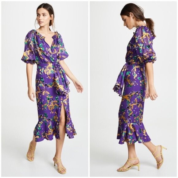 💕SALONI💕 Olivia Floral Printed Silk Midi Dress ~ Violet Sweetpeas US 4 - Picture 9 of 16